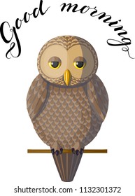 Funny sleepy tired brown beige owl sitting on a branch with lettering above it. Isolated bird on white background, vector. Originally designed character, vector barred owl sitting on the branch.