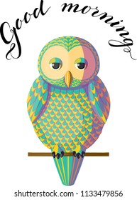 Funny sleepy tired turquoise yellow owl sitting on a branch with lettering above it. Isolated bird on white background, vector. Originally designed character, vector teal owl sitting on the branch.