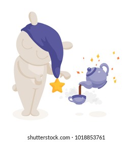 Funny sleepy vector white rabbit wizard in a cap with a star making tea or coffee with violet cup and teapot