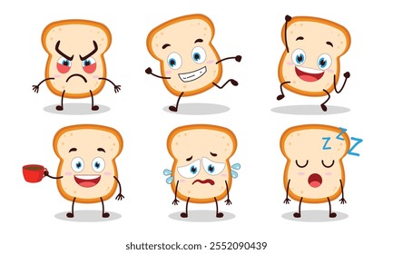 funny slice of bread cartoon character with various pose activity design illustration