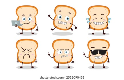 funny slice of bread cartoon character with many pose activity design illustration