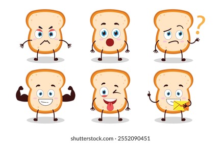 funny slice of bread cartoon with different expressions character design illustration