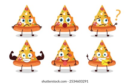 funny slice of pizza cartoon with different expressions character design illustration
