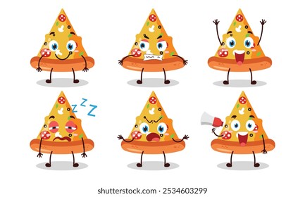 funny slice of slice of pizza cartoon with many expressions design illustration