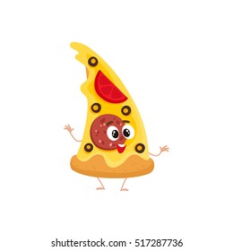 Funny Slice Of Pizza Fast Food Kids Menu Character, Cartoon Style Vector Illustration Isolated On White Background. Funny Pizza Character With Eyes, Legs, And A Wide Smile