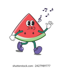 Funny slice watermelon cartoon character, wave hand, walking and singing. Wearing glove and shoes. Groovy Retro cartoon character for icon, mascot, logo, label, poster, banner, print, sticker, clipart