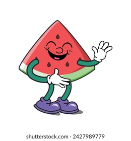 Funny slice watermelon cartoon character, laughing. Watermelon wearing glove and shoes. Groovy Retro cartoon character for icon, mascot, logo, label, poster, banner, print, sticker, clipart