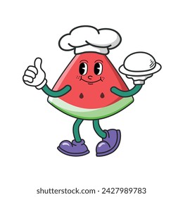 Funny slice watermelon cartoon character, chef hat, serving culinary. Wearing glove and shoes. Groovy Retro cartoon character for icon, mascot, logo, label, poster, banner, print, sticker, clipart