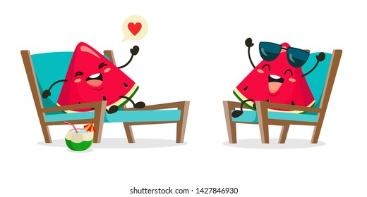 Funny slices of watermelons rest on the chairs on the sun beds in a cartoon style. Vector illustration on white background in flat style.