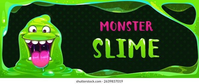 Funny slime monster banner with green gooey frame and cartoon character. Bright design for games, kids apps, party invites or Halloween-themed content. Horizontal vector illustration. 