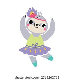 Funny Sloth Animal Ballet Dancing in Skirt and Pointe Shoes Vector Illustration