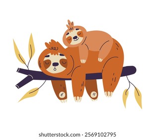 Funny Sloth Animal Character with Baby Sleep on Tree Branch Vector Illustration