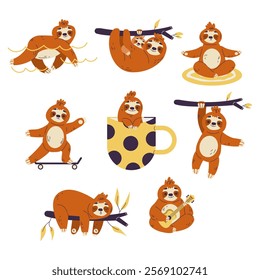 Funny Sloth Animal Character Do Different Activity Vector Set