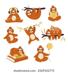 Funny Sloth Animal Character Do Different Activity Vector Set