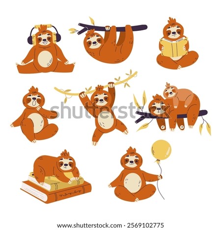 Funny Sloth Animal Character Do Different Activity Vector Set
