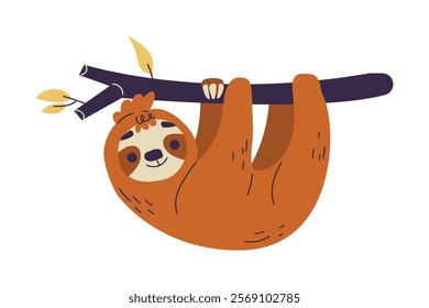 Funny Sloth Animal Character Hang on Tree Branch Vector Illustration