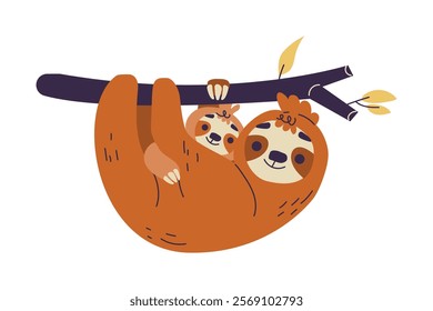 Funny Sloth Animal Character Hang on Tree with Baby Vector Illustration