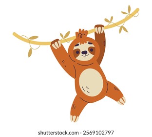 Funny Sloth Animal Character Hang on Liana Vector Illustration