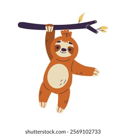 Funny Sloth Animal Character Hanging on Tree Branch Vector Illustration