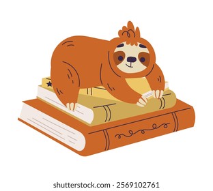 Funny Sloth Animal Character Lying on Book Vector Illustration