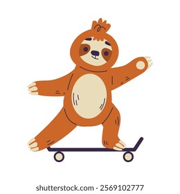 Funny Sloth Animal Character Ride Skateboard Vector Illustration