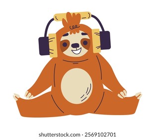 Funny Sloth Animal Character Sit and Listen to Music Vector Illustration