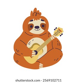 Funny Sloth Animal Character Sit and Play Guitar Vector Illustration