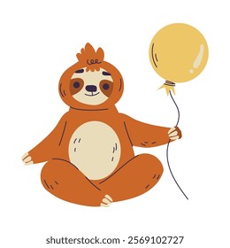 Funny Sloth Animal Character Sit with Balloon Vector Illustration