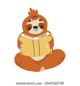 Funny Sloth Animal Character Sit and Read Book Vector Illustration