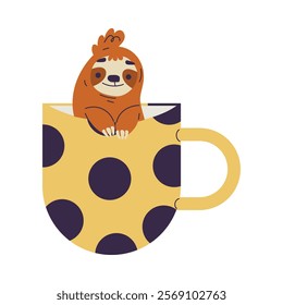 Funny Sloth Animal Character Sit in Mug Vector Illustration