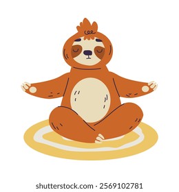 Funny Sloth Animal Character Sit in Yoga Pose Meditation Vector Illustration