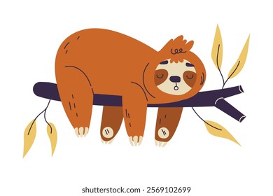 Funny Sloth Animal Character Sleep on Tree Branch Vector Illustration