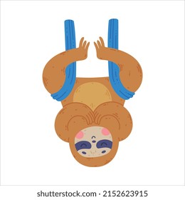 Funny Sloth Animal Practicing Yoga Asana Hanging Upside Down Vector Illustration