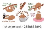 Funny sloth animals collection in rainforest with lettering. Hand drawn tropical bears character relaxing in greenery, sitting and hanging on branch