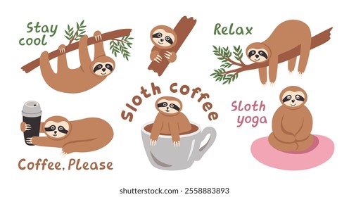 Funny sloth animals collection in rainforest with lettering. Hand drawn tropical bears character relaxing in greenery, sitting and hanging on branch