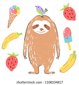 Funny sloth with bird, banana, ice cream and strawberry. Illustration about animals for children design. Cartoon style.