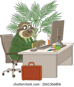 Funny sloth in a business suit sitting at its desk and working on a computer in an office with a palm tree, vector cartoon illustration isolated on a white background
