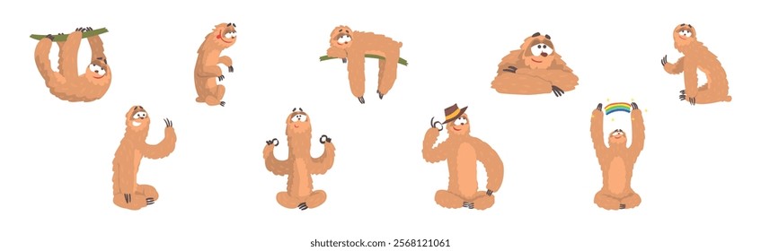 Funny Sloth Character Engaged in Different Activity Vector Set