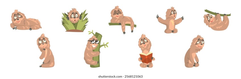 Funny Sloth Character Engaged in Different Activity Vector Set