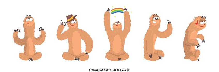 Funny Sloth Character Engaged in Different Activity Vector Set