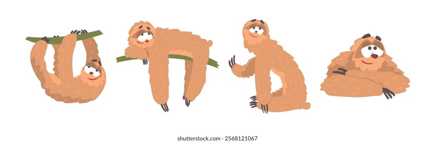 Funny Sloth Character Engaged in Different Activity Vector Set