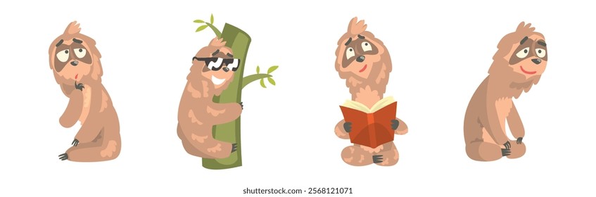 Funny Sloth Character Engaged in Different Activity Vector Set