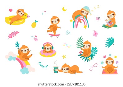 Funny sloth characters swimming and sleep. Cute cartoon sloths, wild exotic animal relax and reading. Jungle animals for kids and baby, nowaday vector characters