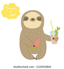 Funny Sloth with cocktail and watermelon. Cute animal design for print. Summer card