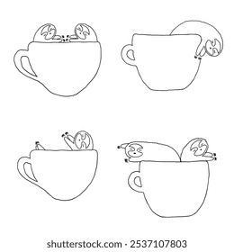 Funny sloth in coffee cups doodle illustration