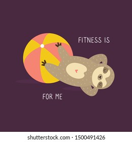 Funny sloth doing fitness exercise, sport training. Flat vector illustration, happy animal.