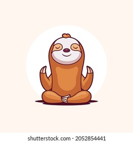 Funny sloth doing yoga. Lotus position cartoon vector illustration.