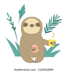 Funny Sloth with doughnut and cup of coffee. Cute animal for design and print