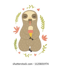 Funny Sloth eating ice cream. Cute animal design for print. Summer card