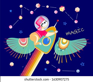 Funny sloth flies to the stars. Space travel, believe in magic.